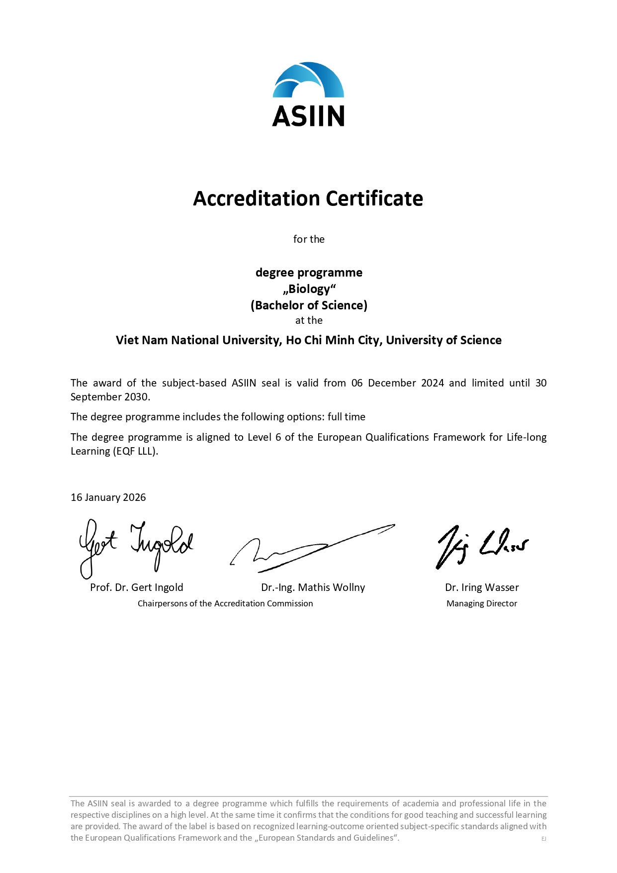 Chương trình đào tạo Cử nhân ngành Sinh học đạt chuẩn kiểm định ASIIN